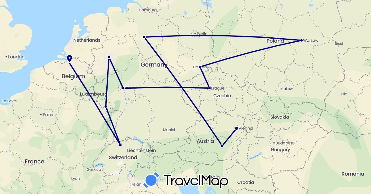 TravelMap itinerary: driving in Austria, Belgium, Switzerland, Czech Republic, Germany, Poland (Europe)